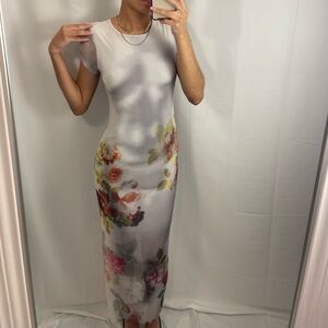 Grey mesh floral print maxi dress